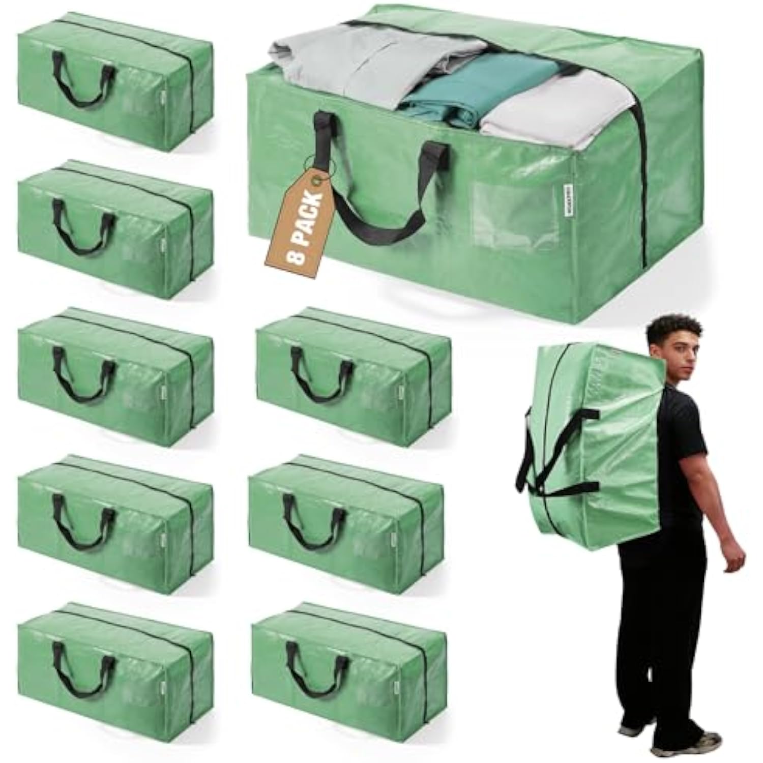 Set of green moving storage totes with black handles and zipper closures, 8-pack