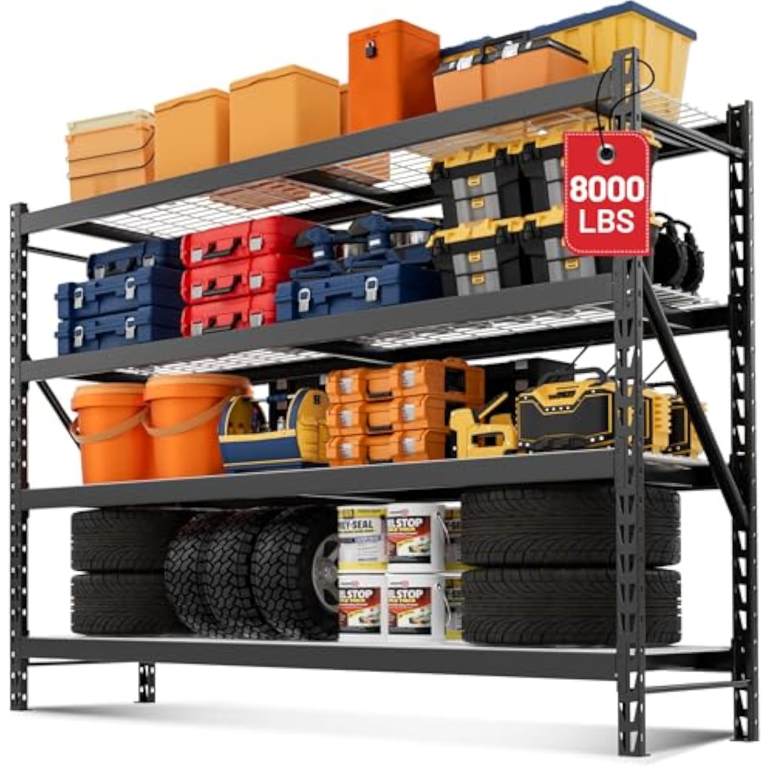 Black 4-tier storage rack with tools, bins, and tires on wide adjustable shelves