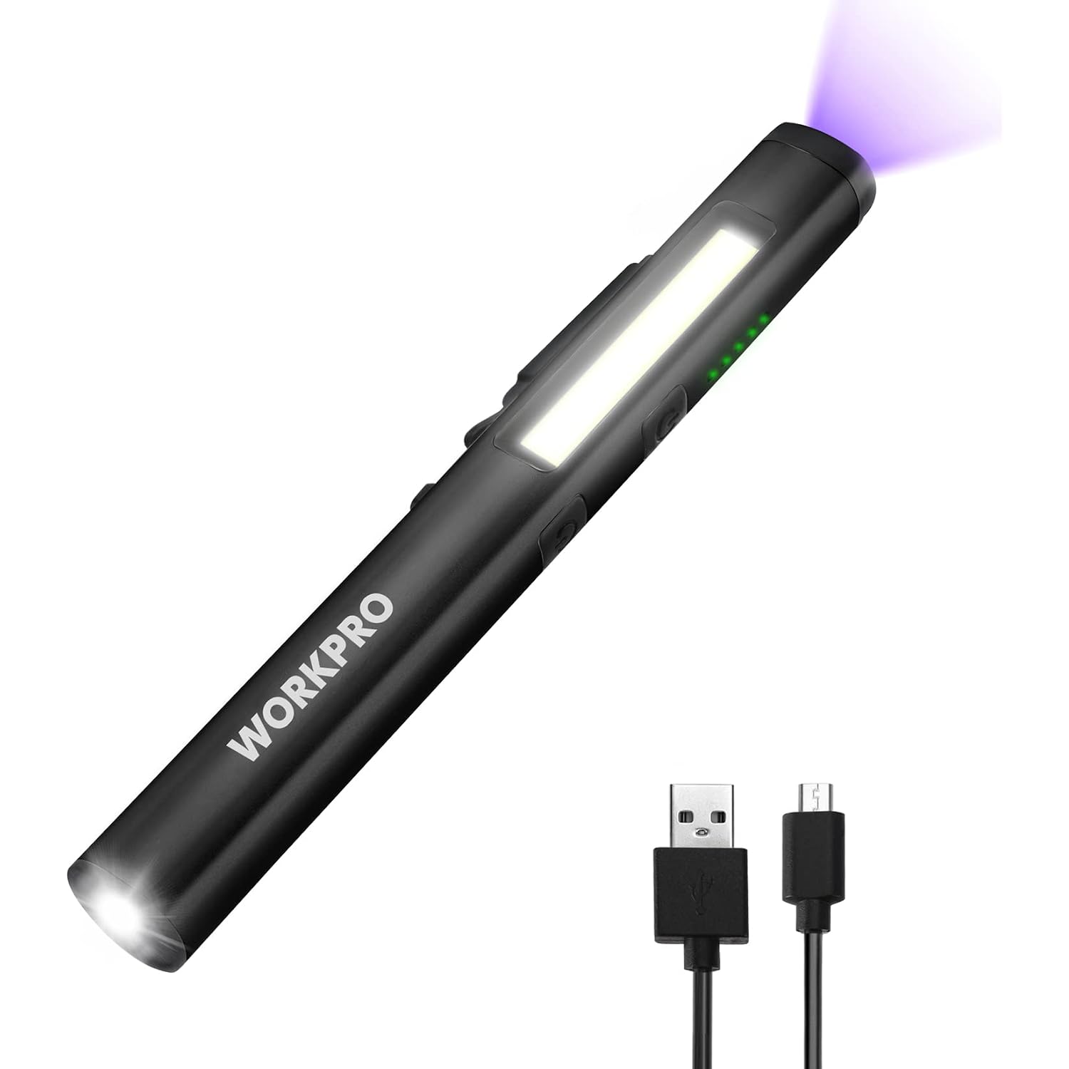 Black rechargeable pen light with bright LED bar and USB charging cable