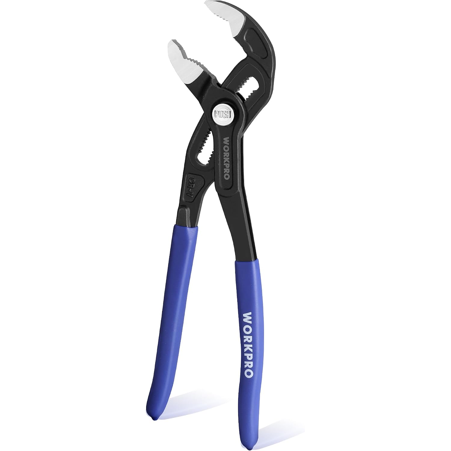 Water pump pliers with wide-opening V-jaw groove joint, blue handles, black tool head