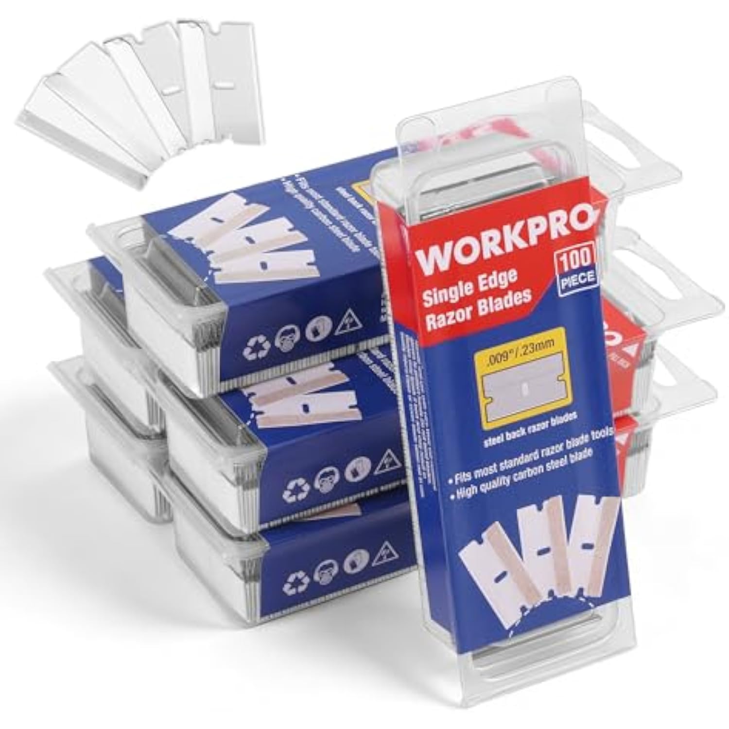 Sealed single-edge razor blade package with plastic holder and blade sheets