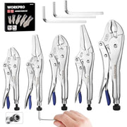 WORKPRO 5-piece locking pliers set with hex key holes, silver pliers and Allen wrenches.