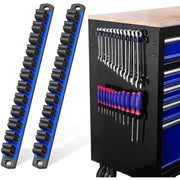 Two blue magnetic tool organizer rails with black panels and rows of tool slots