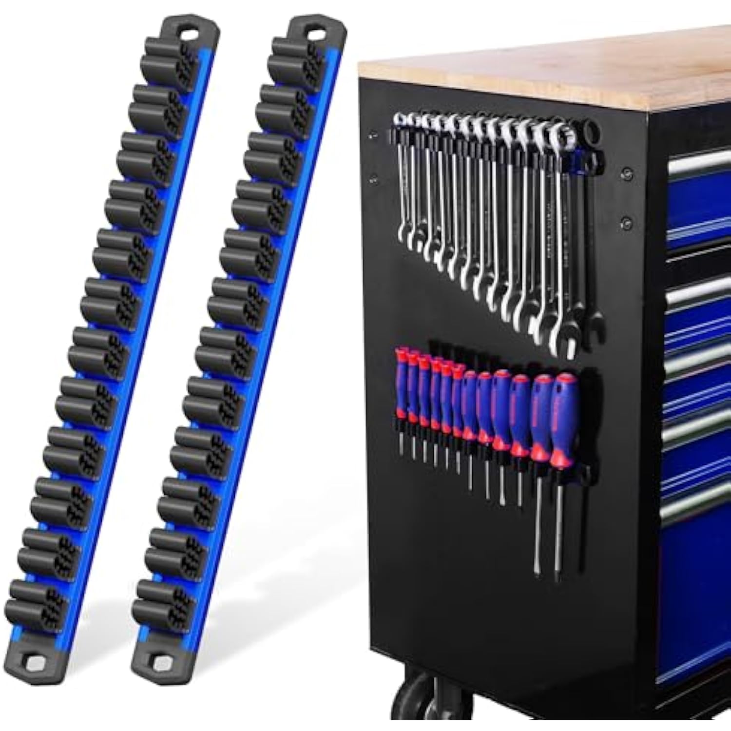 Two blue magnetic tool organizer rails with black panels and rows of tool slots