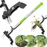 Stand-up weed remover tool with green handle, black frame, and four stainless steel claws