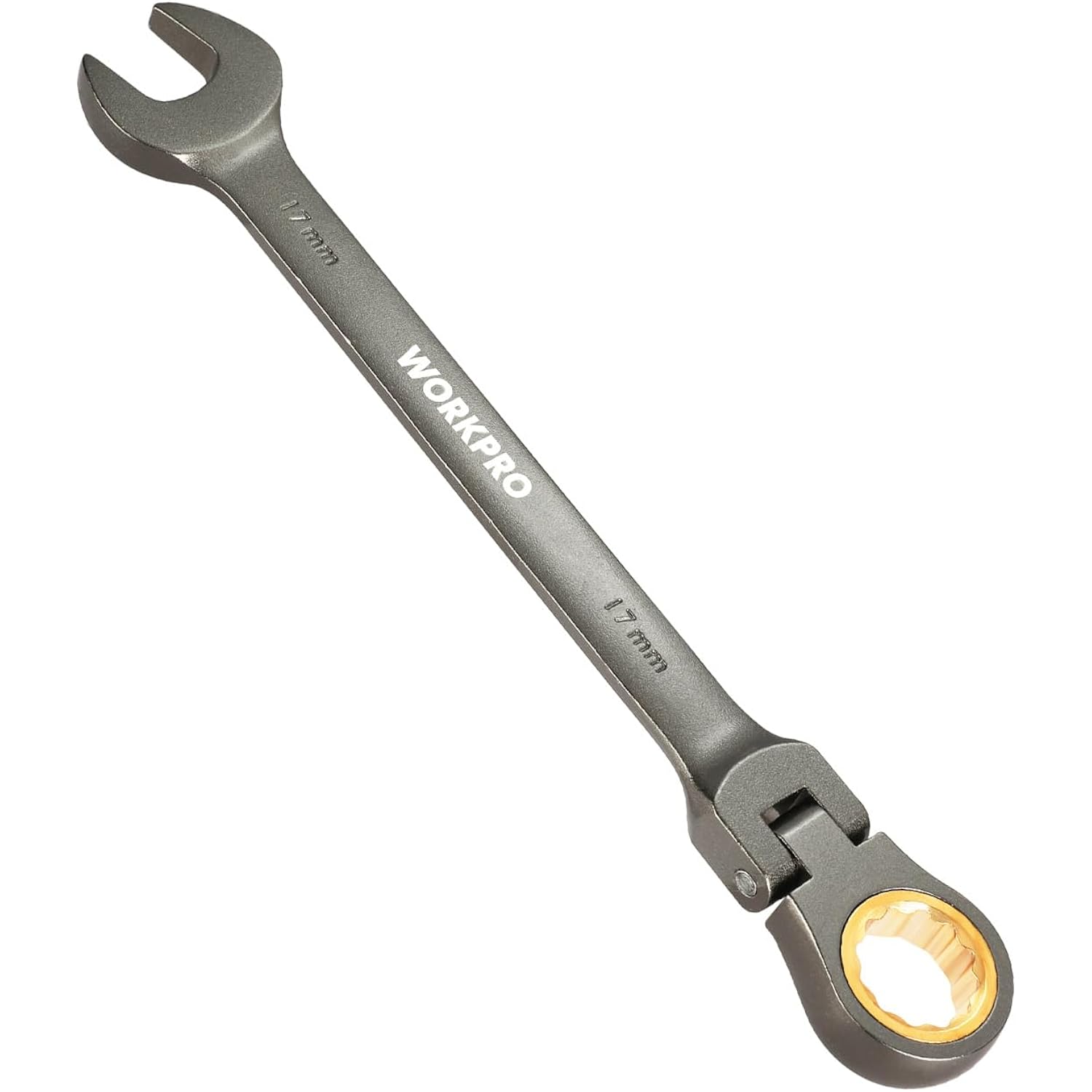 17 mm flex-head ratcheting combination wrench with nickel-plated 12-point box and open end