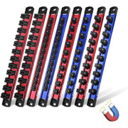 Multi-rail magnetic socket organizer set with blue and red bars and black clips