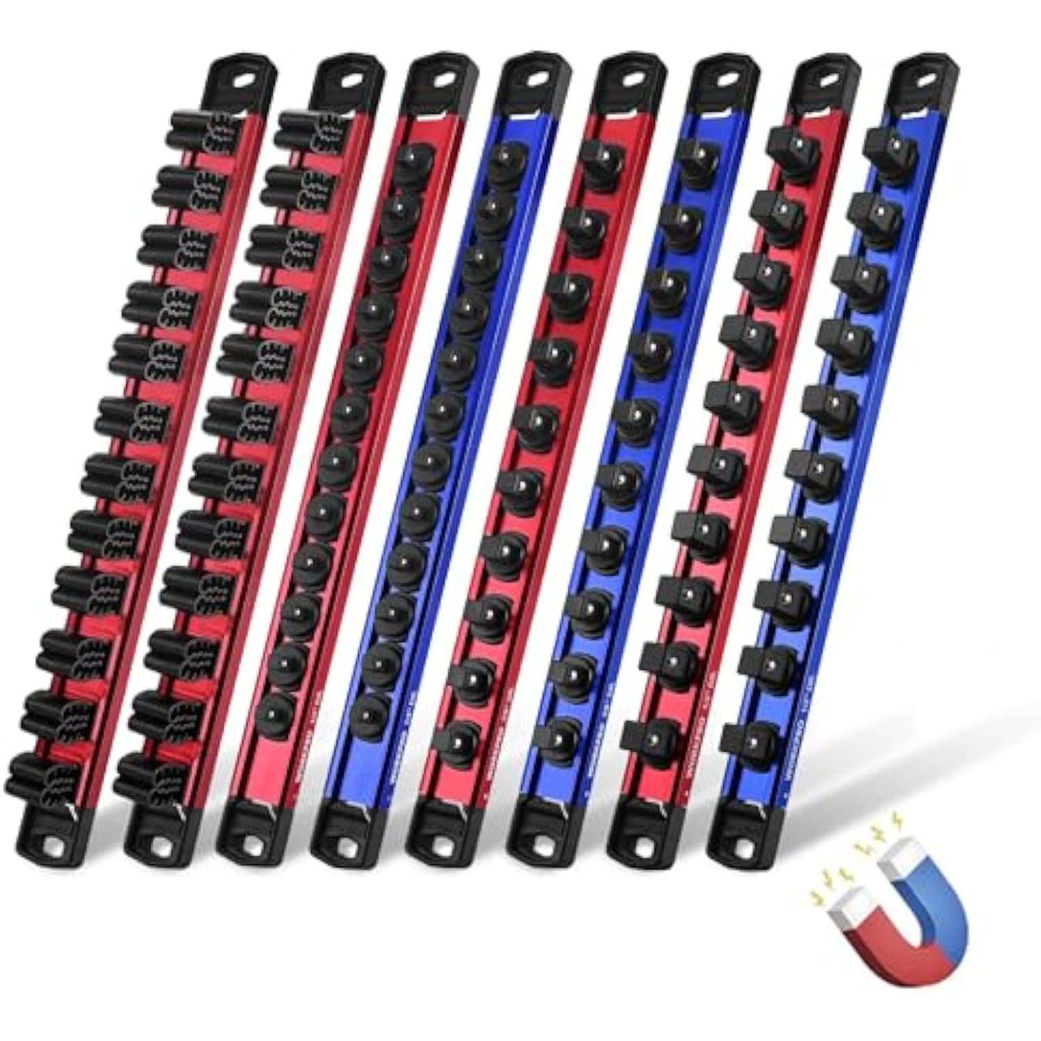 Multi-rail magnetic socket organizer set with blue and red bars and black clips