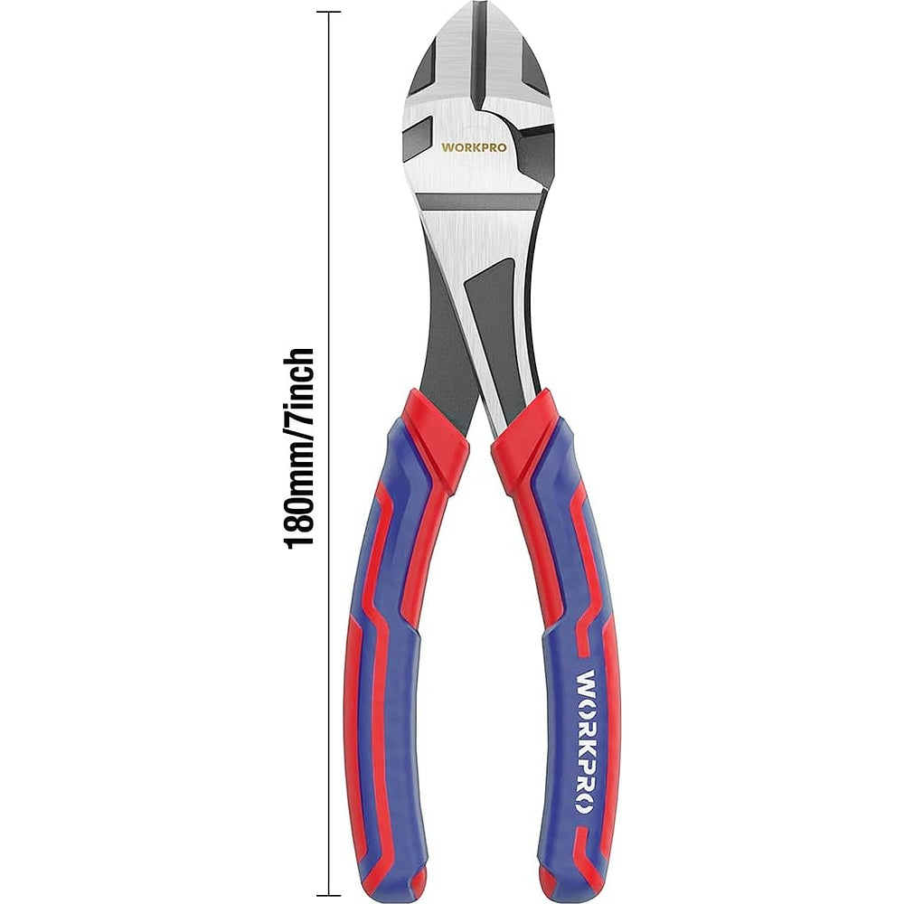 WORKPRO 7-inch diagonal pliers, full view, with red and blue bi-material comfort grips