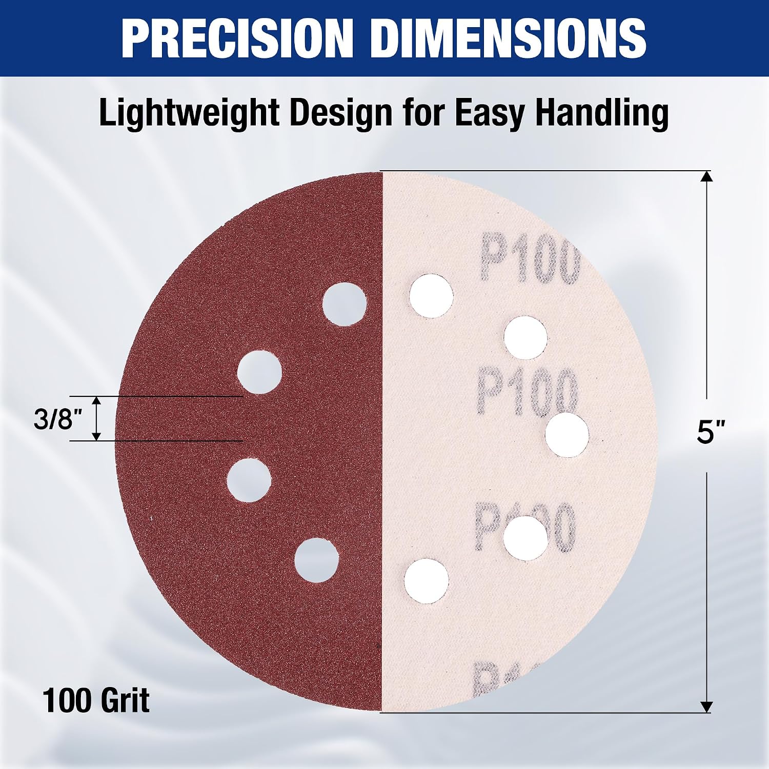 Red 8-hole hook-and-loop sanding disc, labeled 100 grit with size markings.