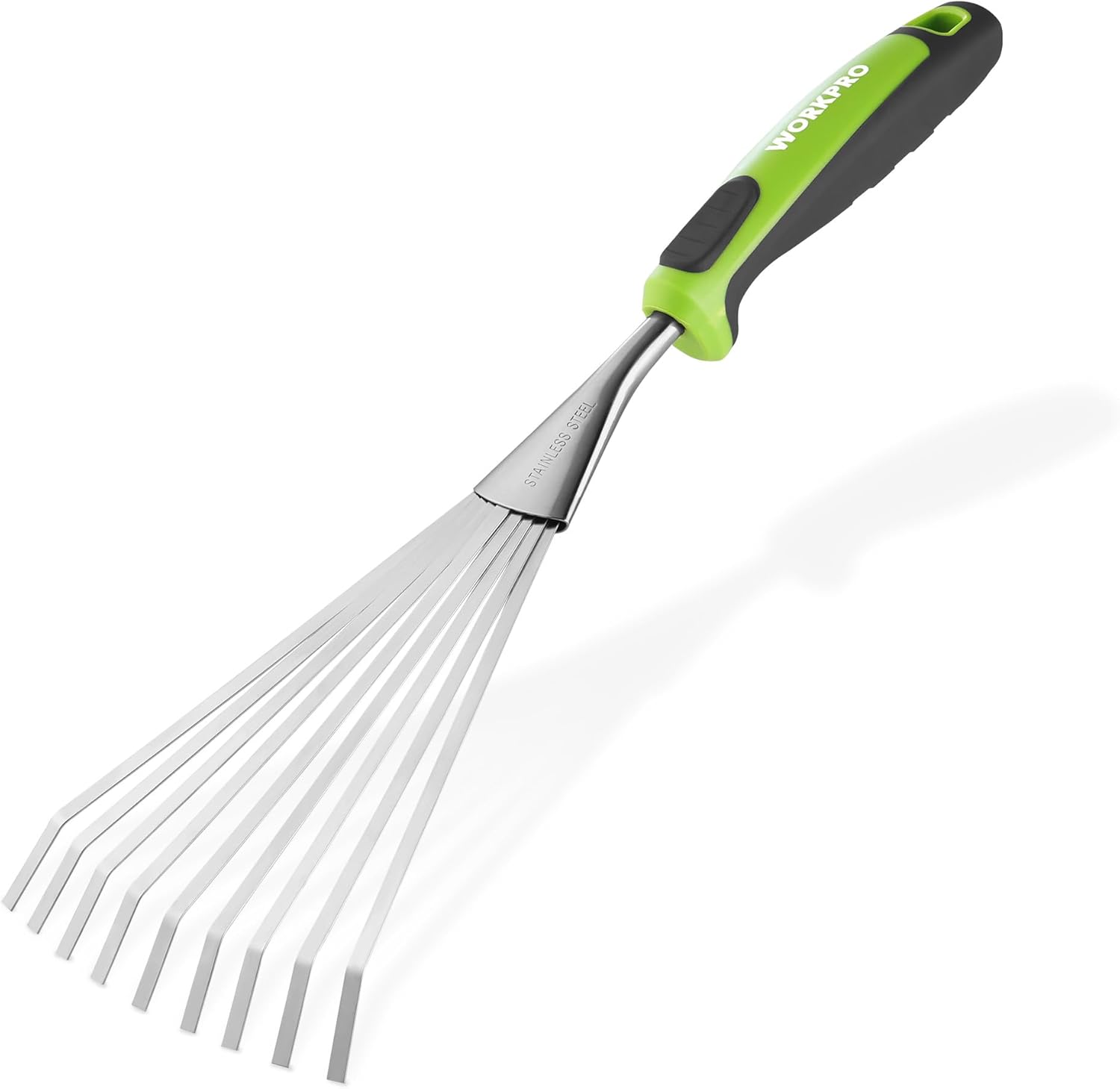 Stainless steel hand rake with green-and-black handle and wide fan tines