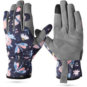 Pair of floral gardening gloves with gray palms, textured grip, and adjustable wrist strap.
