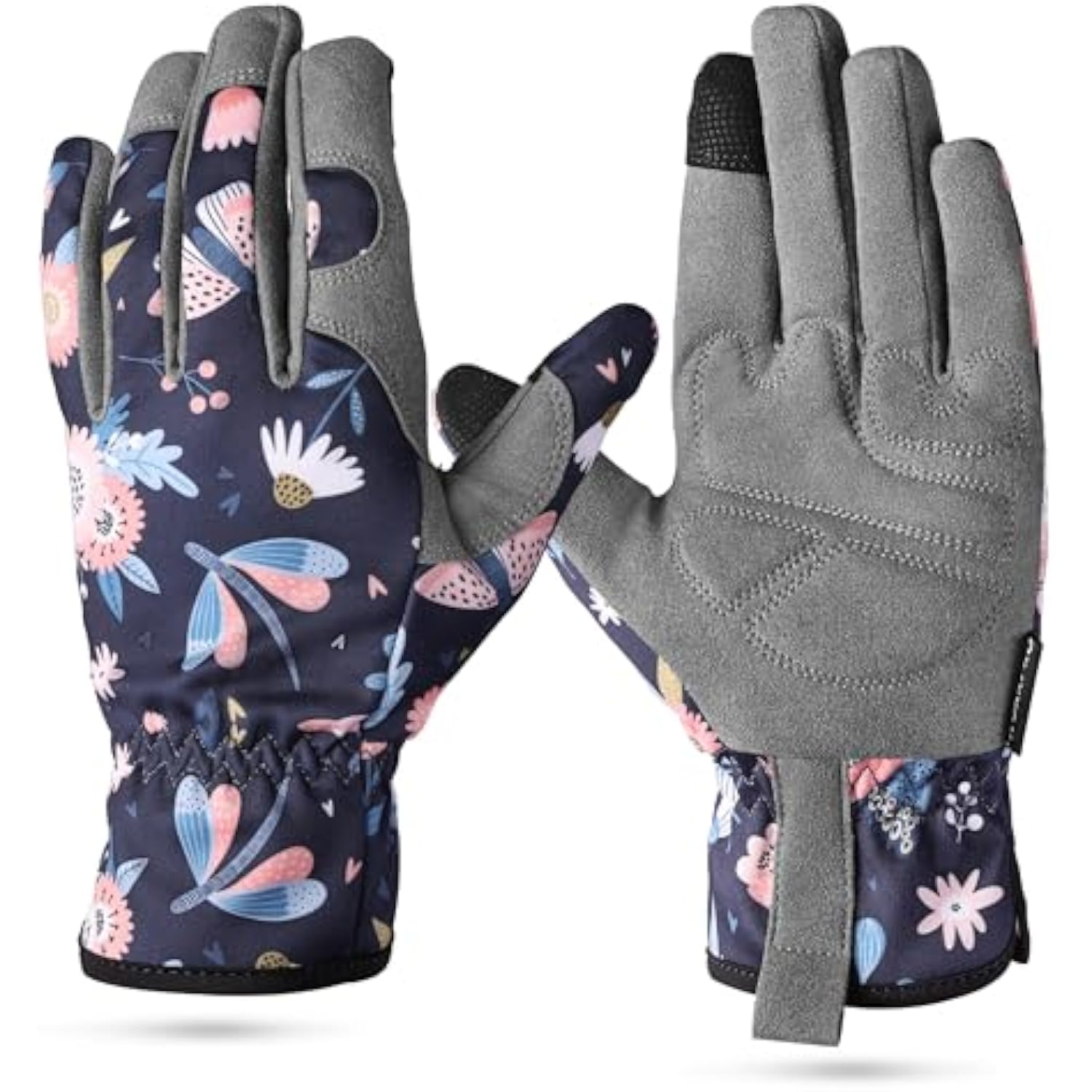 Pair of women’s gardening gloves, navy floral print with gray textured palms