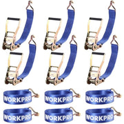 6-pack of blue ratchet tie-down straps with metal ratchets and hook ends