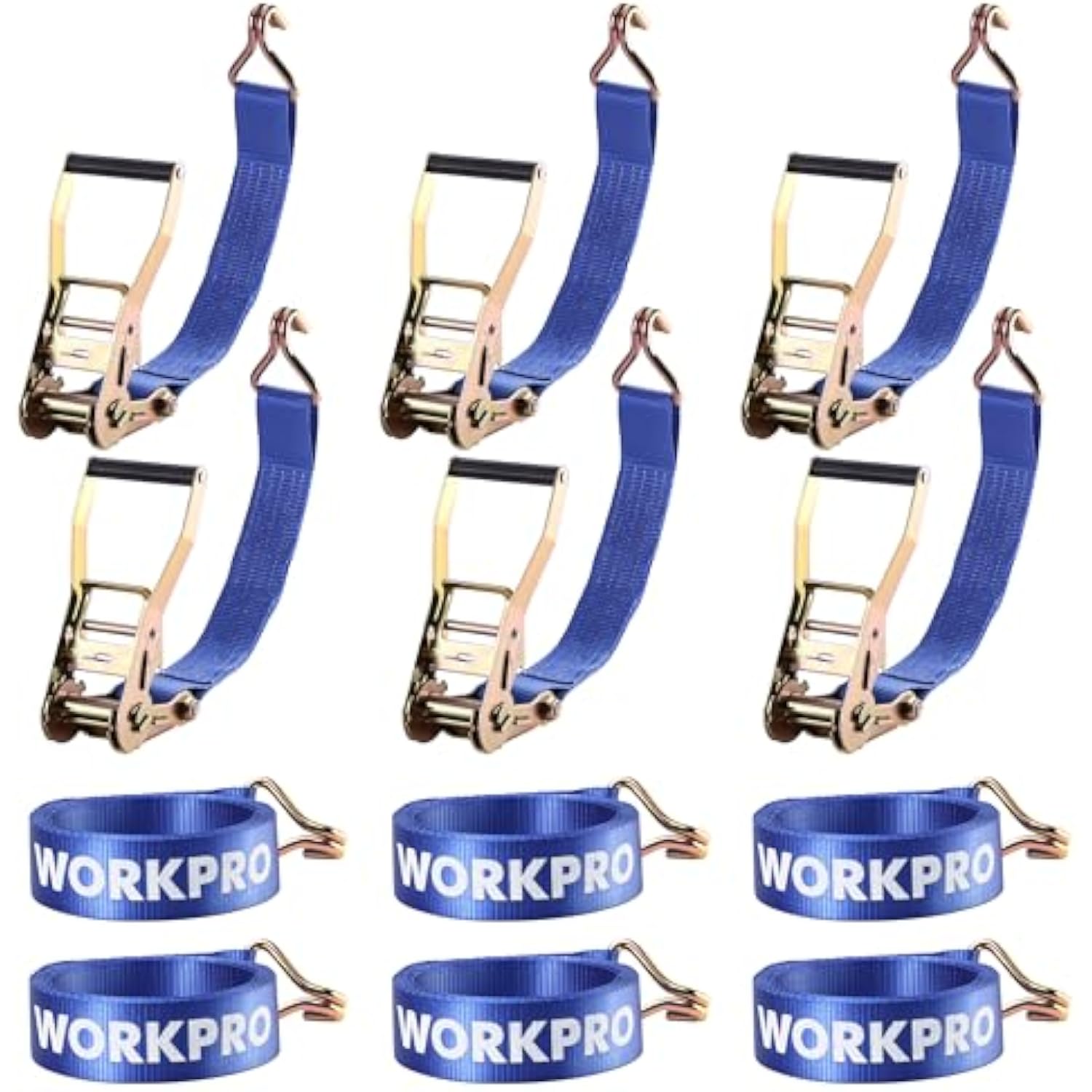 6-pack of blue ratchet tie-down straps with metal ratchets and hook ends
