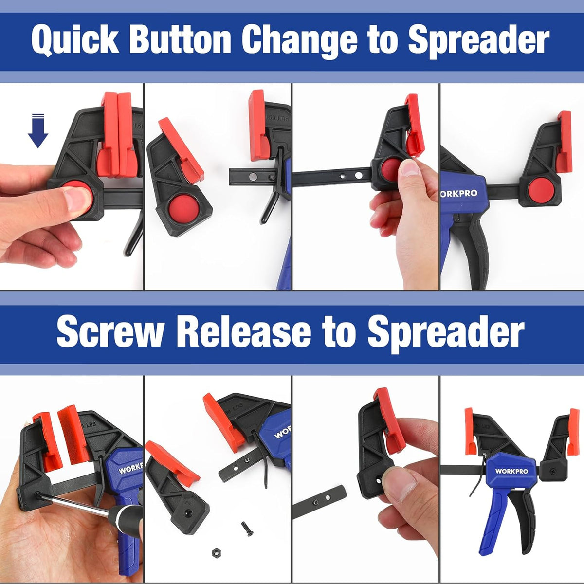 WORKPRO mini bar clamp showing quick button change to spreader, blue grips