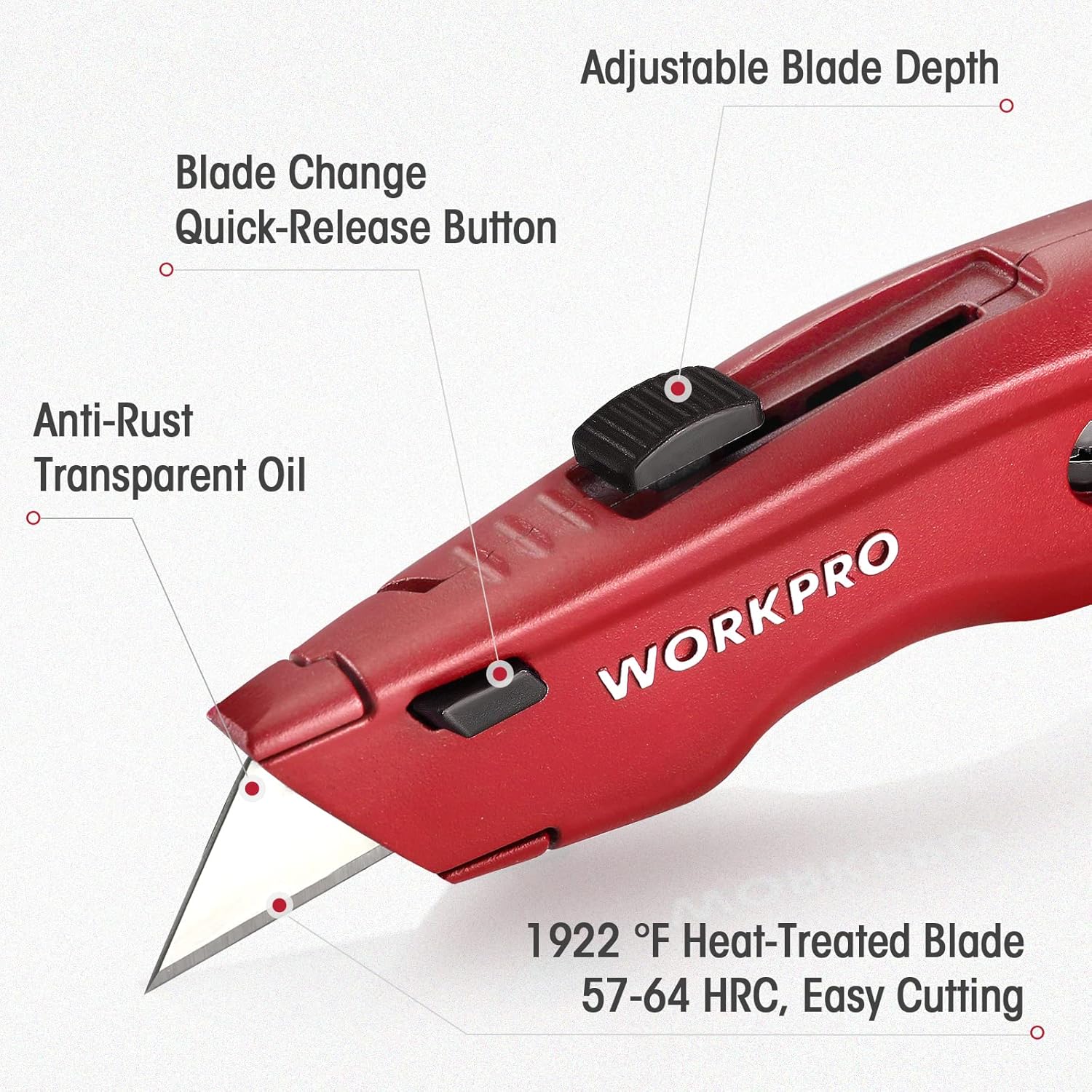 Red retractable utility knife with adjustable blade depth and quick-release button