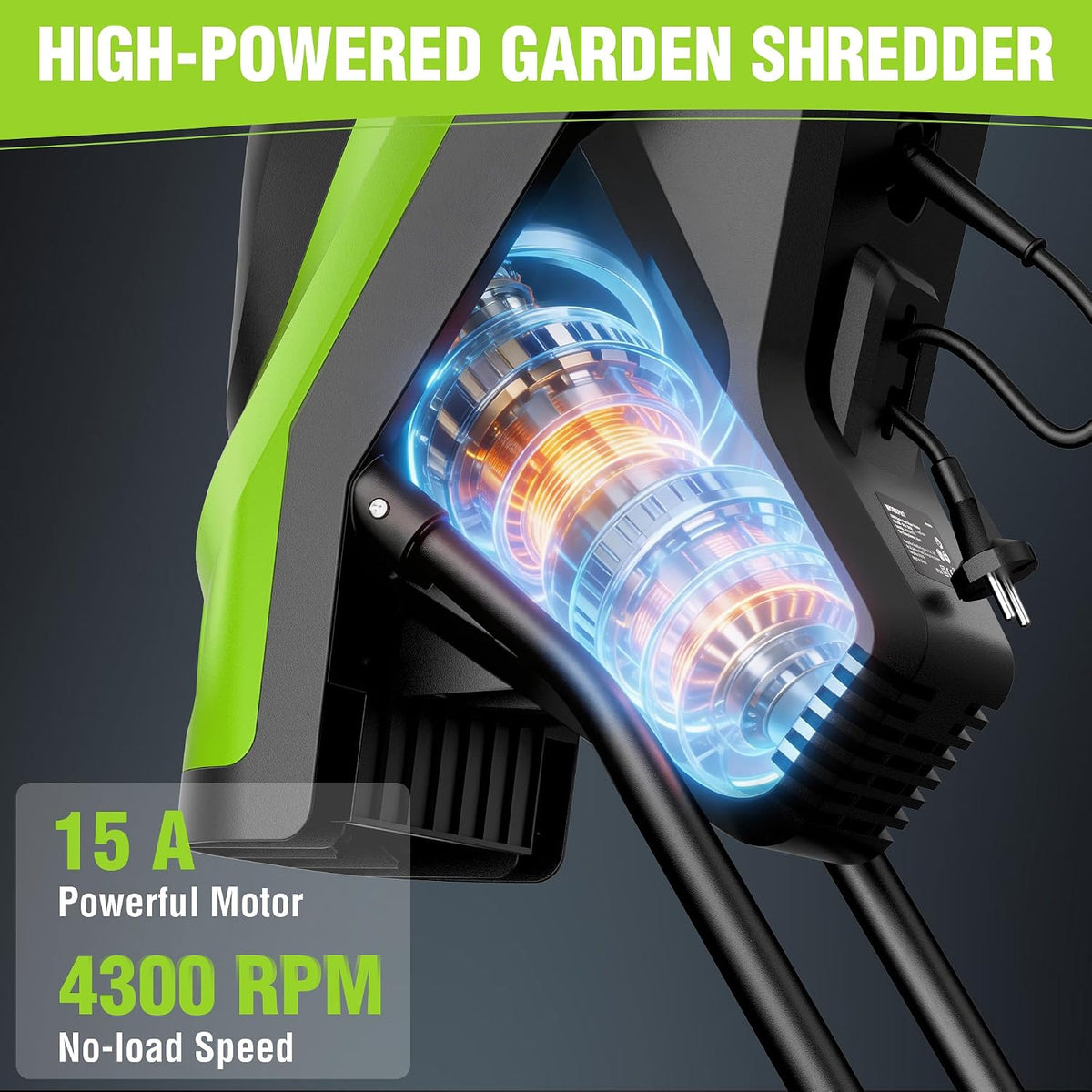 Electric garden shredder showing internal rotating feed motor near the hopper opening.