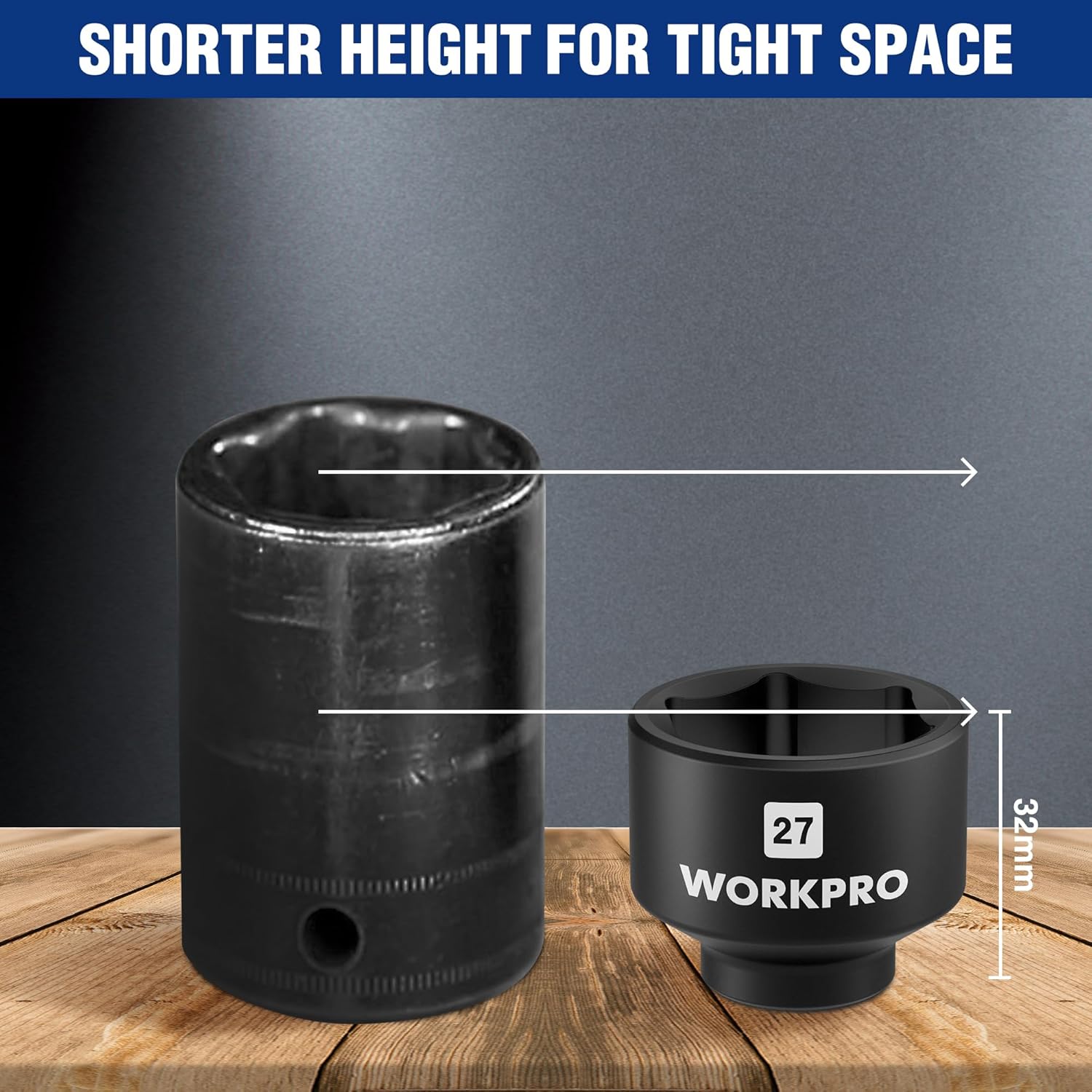 Short-height 27mm oil filter socket wrench with 3/8 in drive