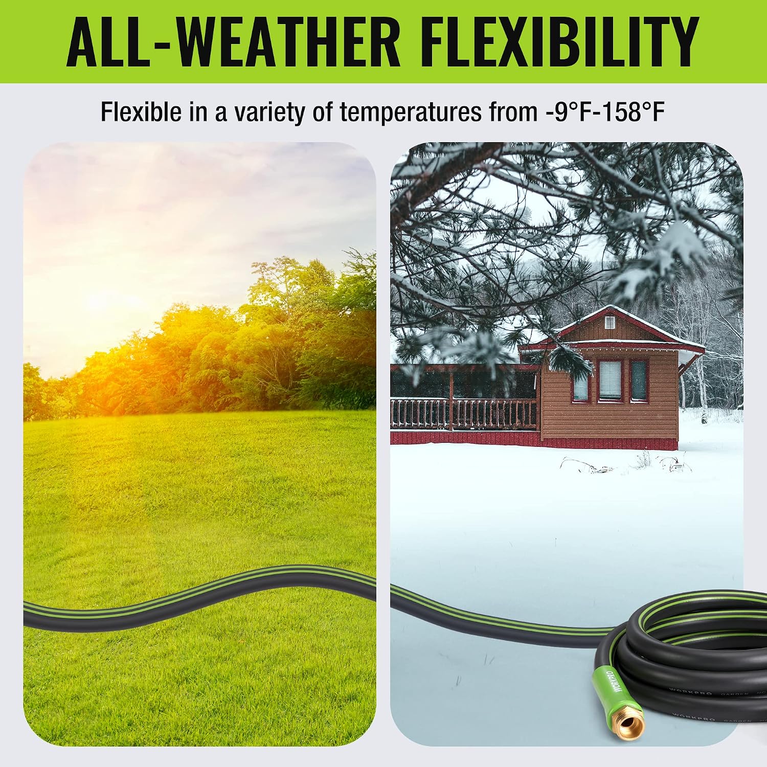 All-weather garden hose with green-striped black tube and brass ends