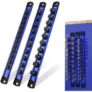 Set of three blue magnetic socket organizer rails with black removable clips