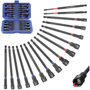 Assorted long magnetic nut drivers with red accents and blue case storage