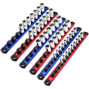 Set of magnetic socket rails with blue and red bars and chrome sockets
