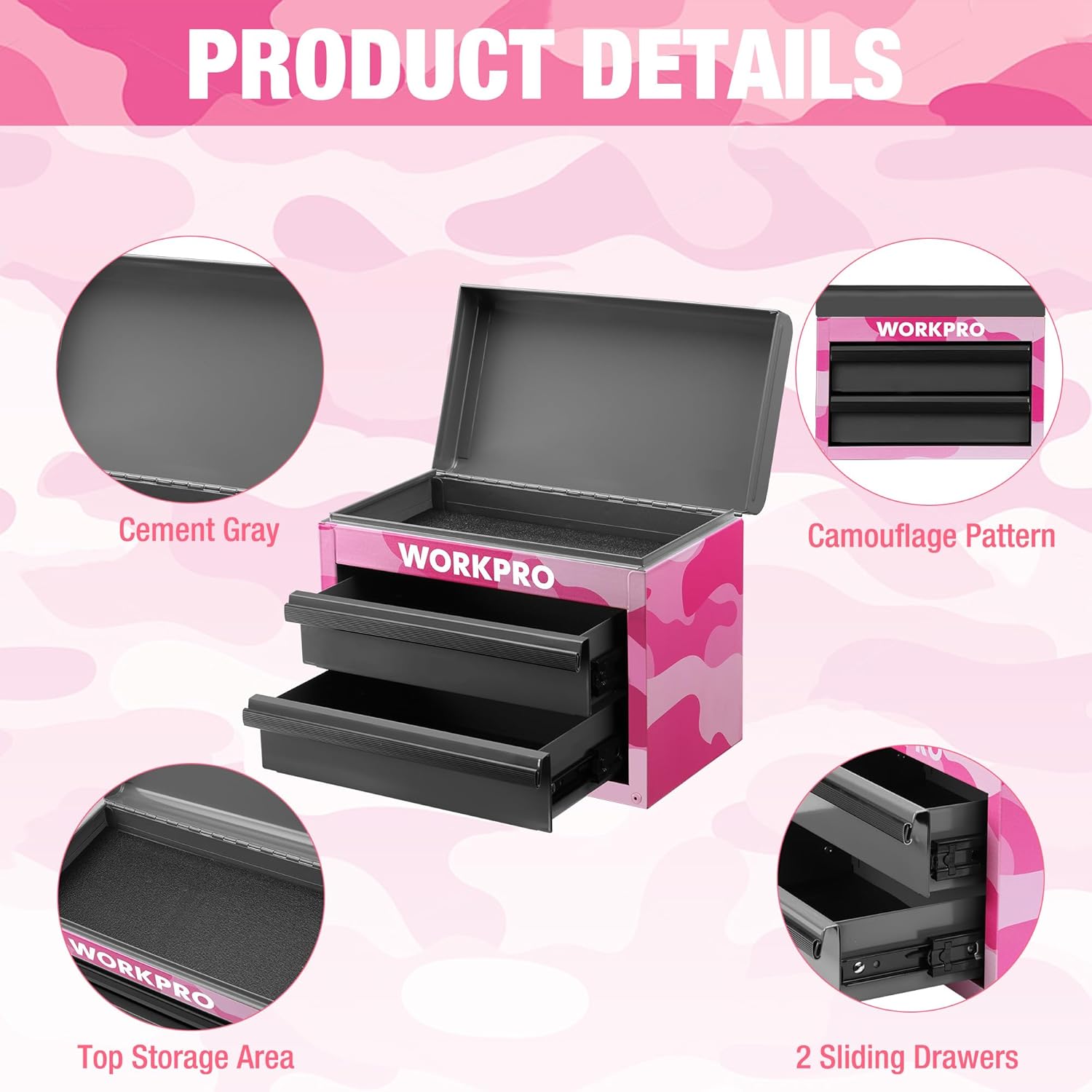 Pink camo mini tool chest with open lid and two sliding drawers, top storage area