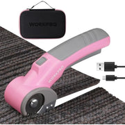 Pink cordless rotary cutter with gray handle, storage case, and USB charge ports