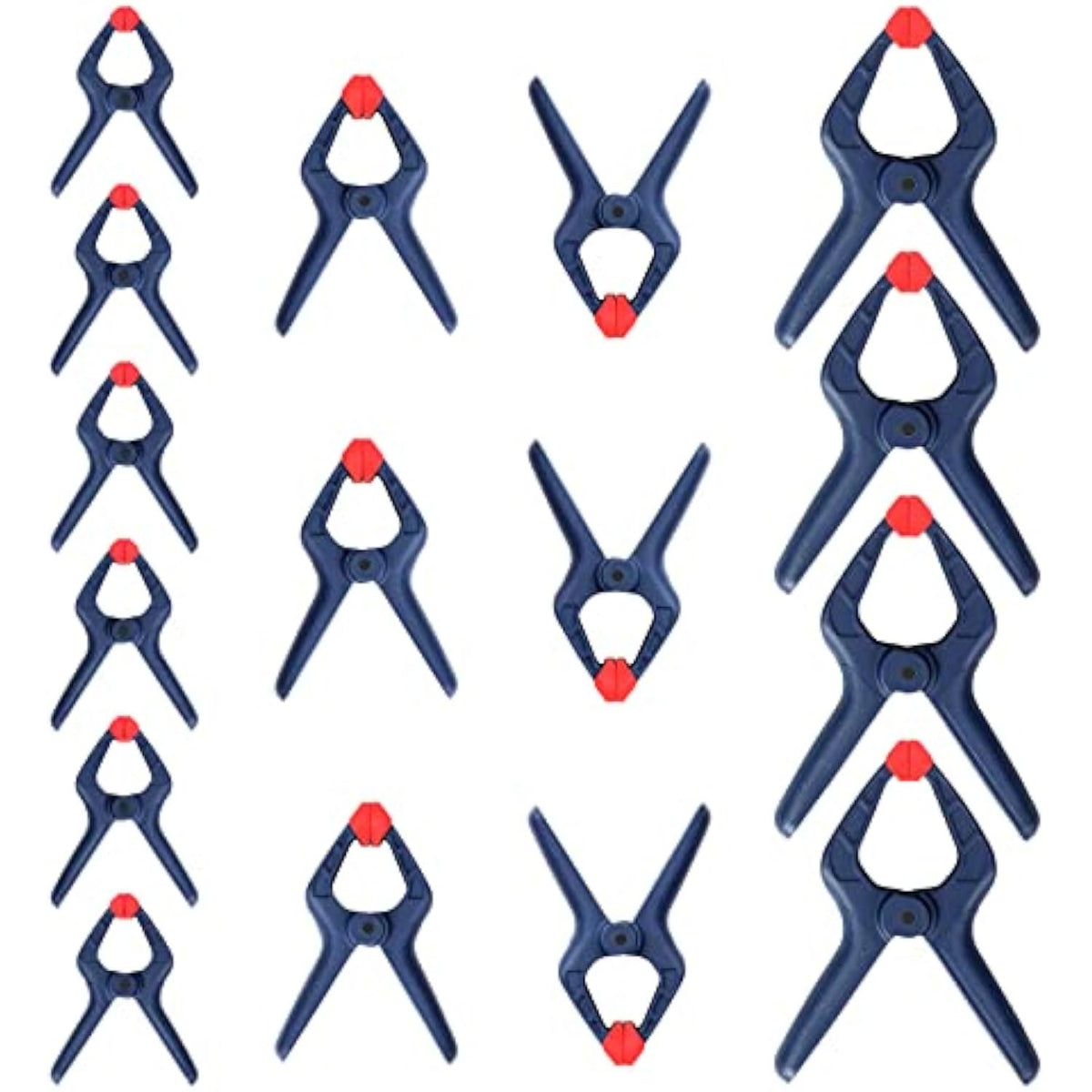 Assorted blue spring clamps with red jaw tips arranged in a set
