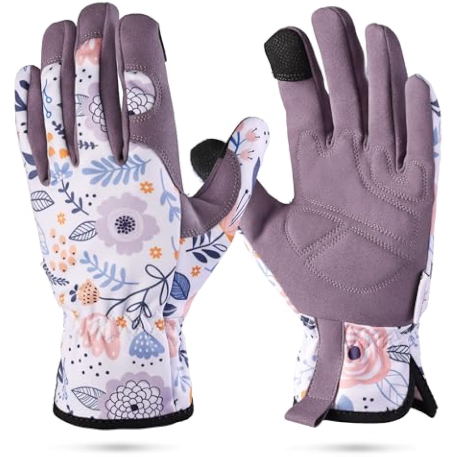 Pair of floral gardening gloves with purple palms and black wrist pull tab