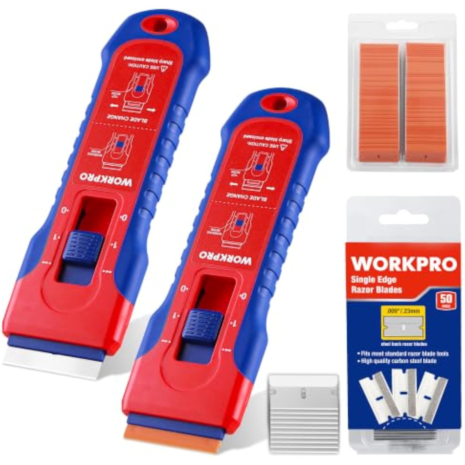WORKPRO 2-Pack Retractable Razor Scraper Set with Built-in Blade Storage, 182 Blades, 62 Metal Razor Blades & 120 Plastic Blades for Paint Removal, Stickers, Adhesive, Glass, Ceramic and Wood