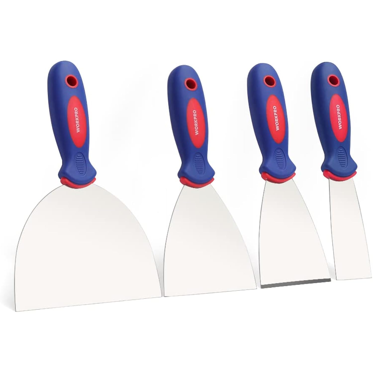 Four putty knives with blue and red handles and stainless steel blades