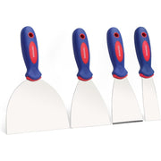 Four putty knives with blue and red handles and stainless steel blades