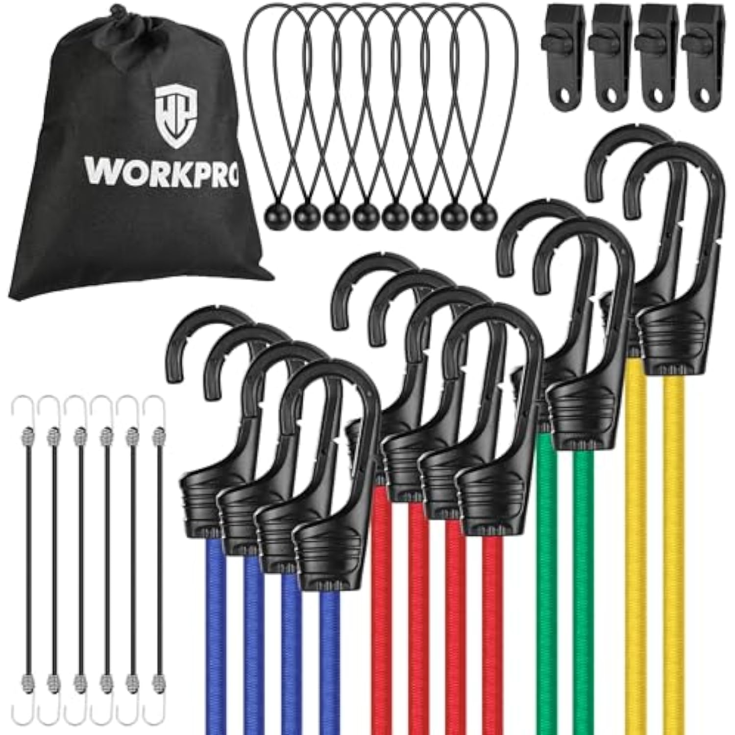 WORKPRO Bungee Cords Heavy Duty Outdoor - 30PCS Bungee Cords with Hooks in a Storage Bag Includes 18