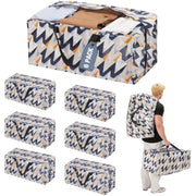 Set of extra large moving bags with zipper, zigzag alphabet print, stacked for storage
