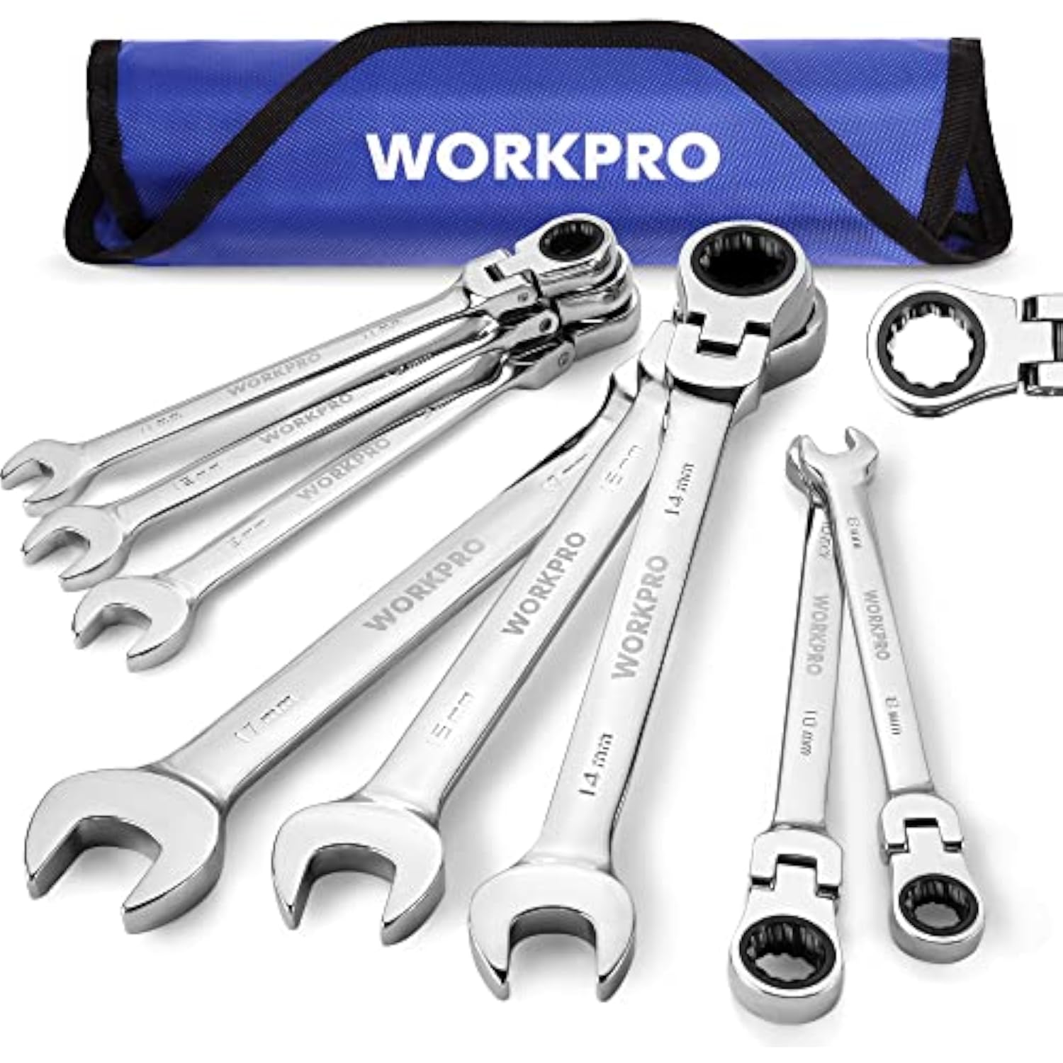 WORKPRO chrome metric ratcheting wrench set with blue roll pouch