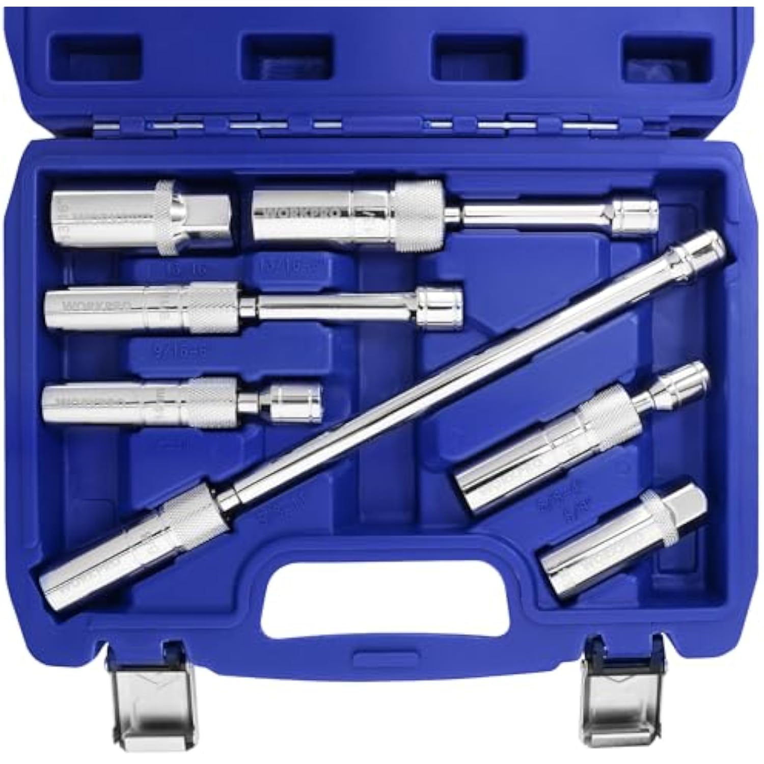 Spark plug socket set kit in blue case with swivel extensions and sockets