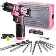 Pink 8V cordless drill kit with clear-pink toolbox, charger, and mixed drill bits