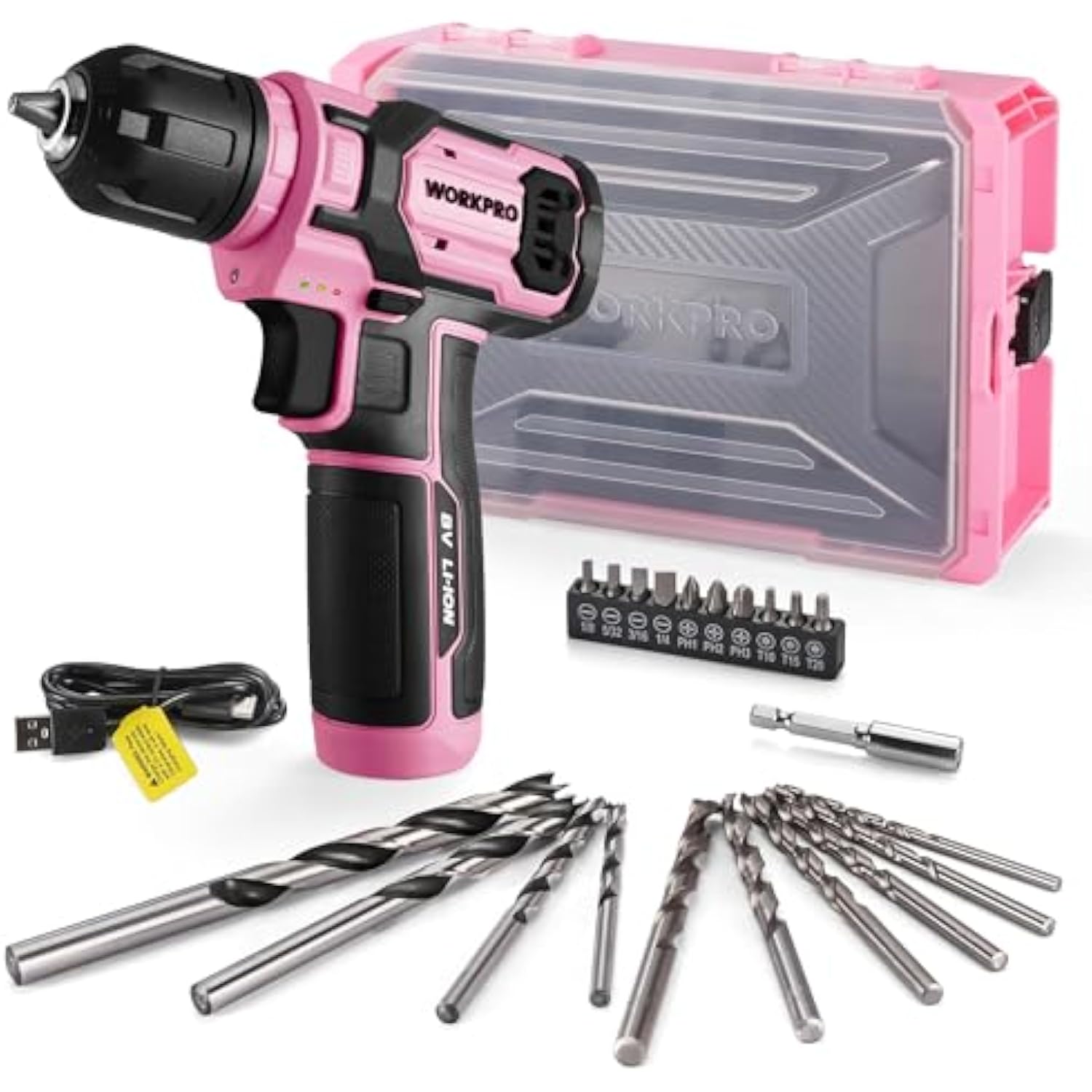 Pink 8V cordless drill kit with clear-pink toolbox, charger, and mixed drill bits