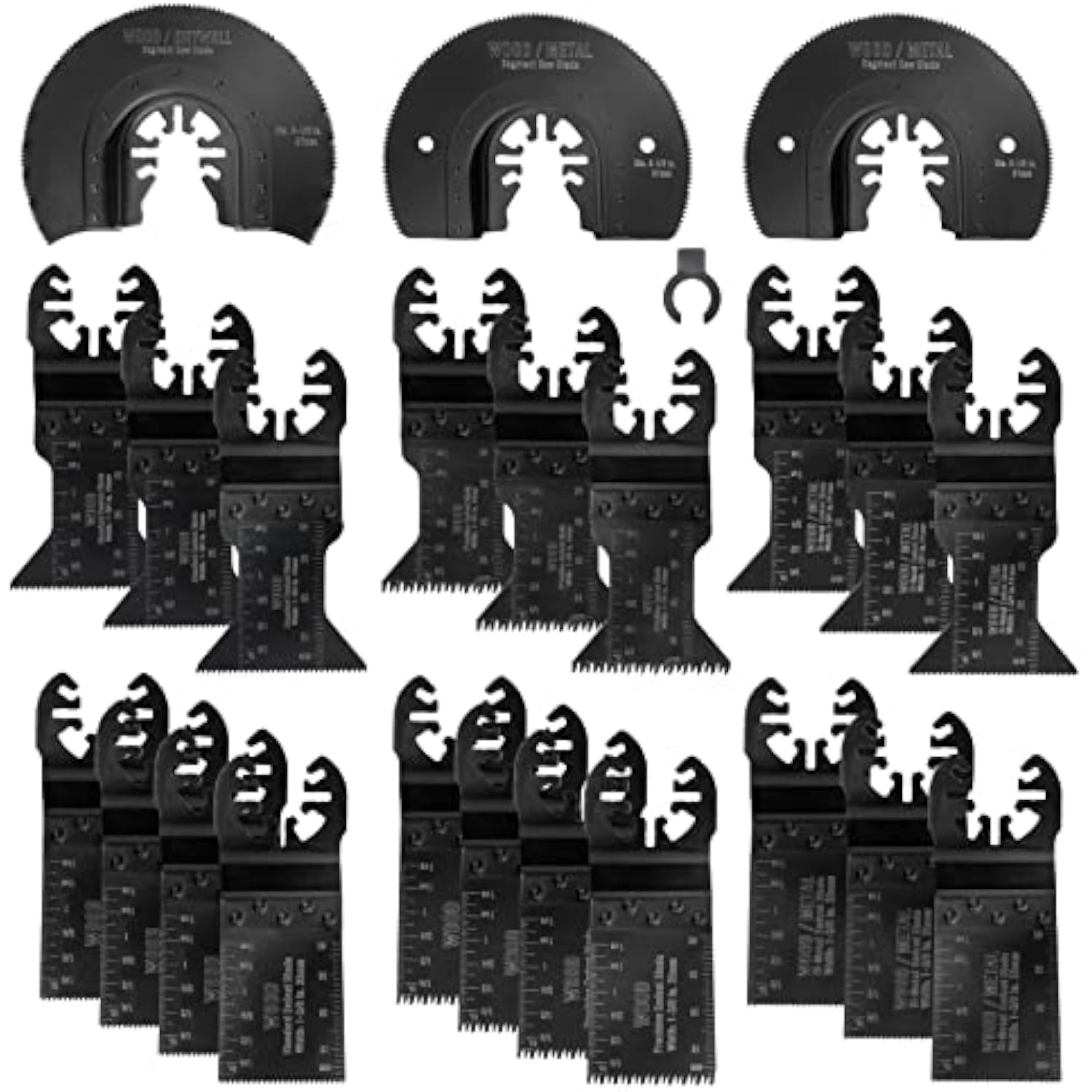 Oscillating saw blade set, multiple black bi-metal blades with different tooth patterns