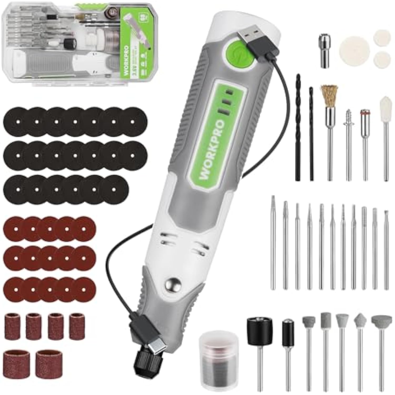 Rotary tool kit with 71pcs accessories, white and gray tool, bits, and storage case