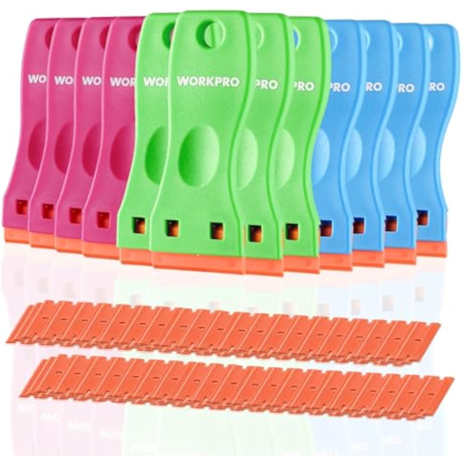 WORKPRO 12-Piece Plastic Razor Blade Scraper with 120 Pcs Plastic Razor Blades, for Gasket Remover, Labels Decal and Adhesive Remover for Windows and Glass