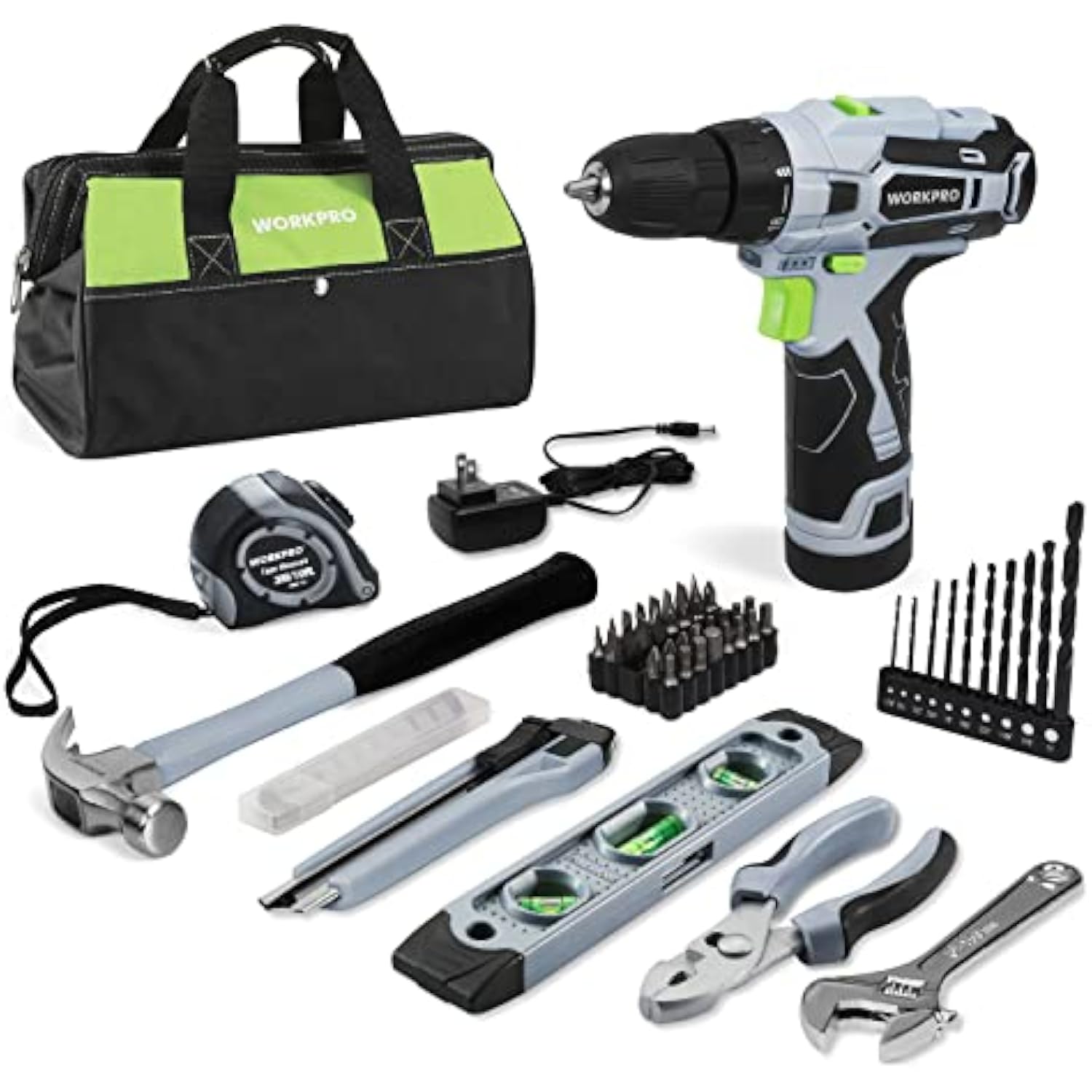WORKPRO 61 Pcs 12V Cordless Drill and Home Tool Kit, 14-inch Storage Bag Included