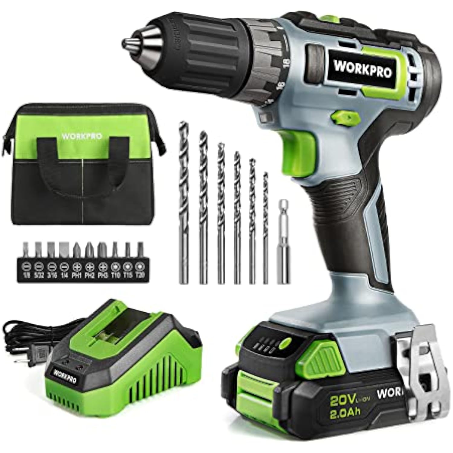 WORKPRO 20V Cordless Drill Driver Kit, 2.0 Ah Li-ion Battery, 1 Hour Fast Charger and 11-inch Green Storage Bag Included