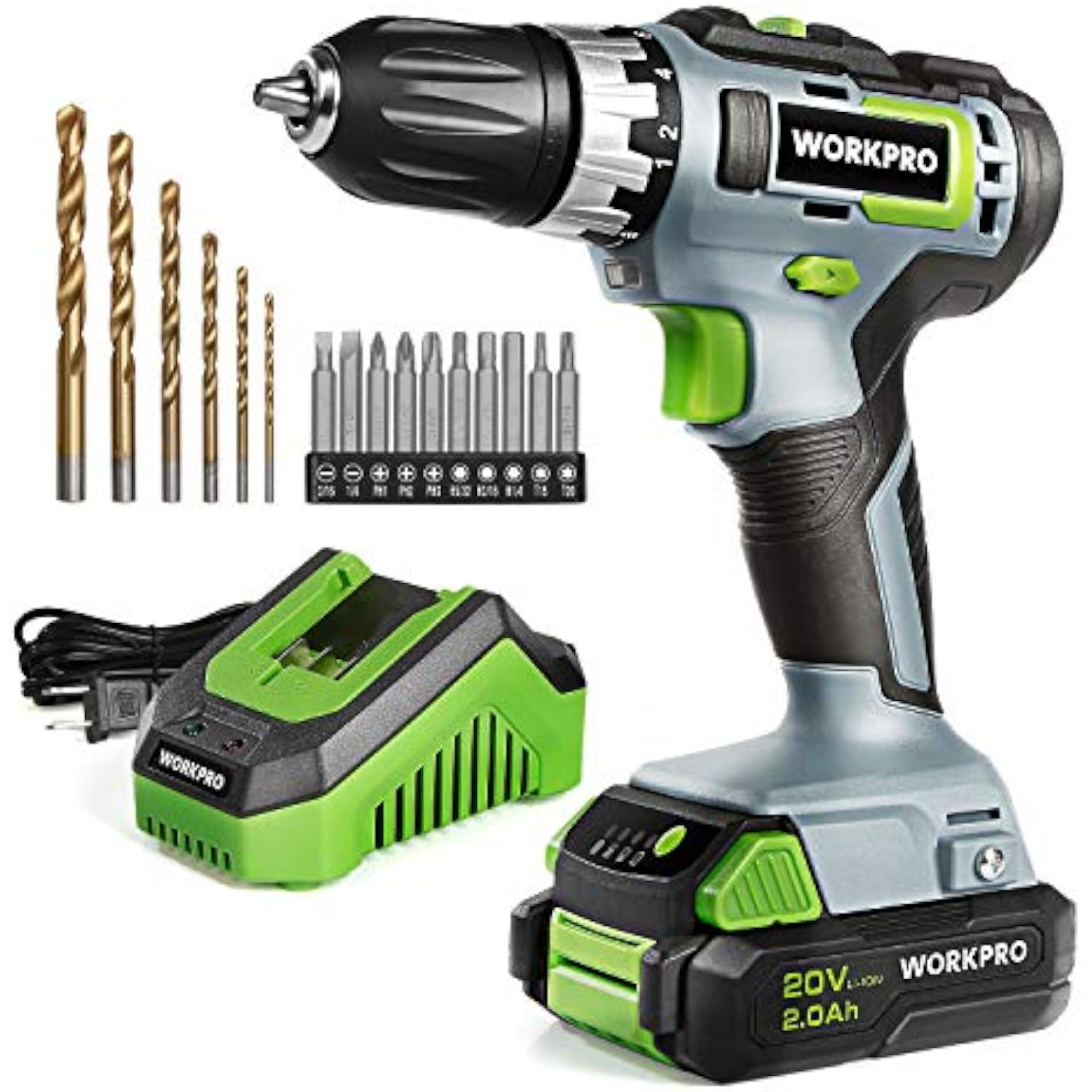 WORKPRO 20V Variable Speed Cordless Drill/Driver Kit 3/8”, 18+2 Torque Setting 2.0 Ah Li-ion Battery and 1 Hour Fast Charger