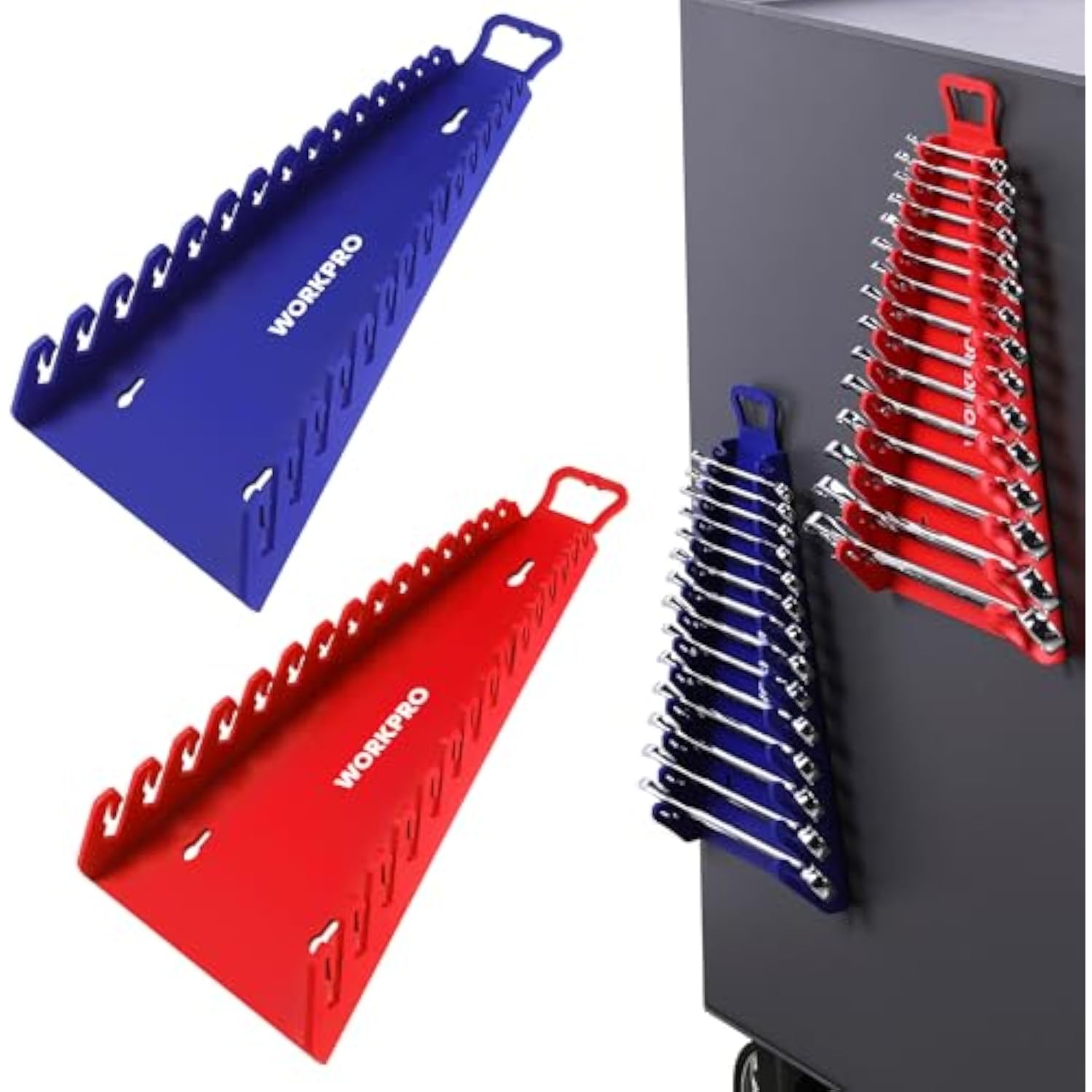 WORKPRO Magnetic Wrench Organizer, 15-Slot Gripper Wrench Holder for Tool Box, 2-Pack Wrench Rack Fits SAE (1/4