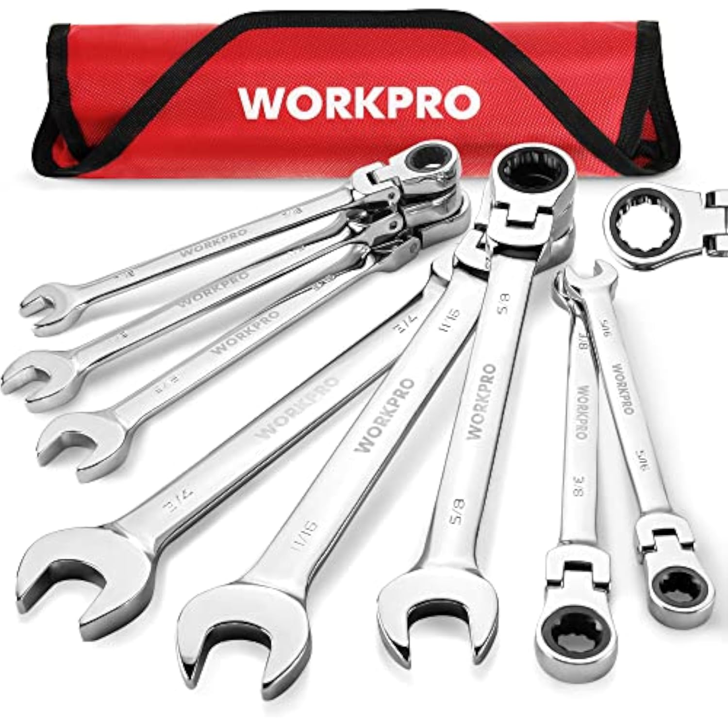 WORKPRO 8-piece chrome ratcheting combination wrench set with metric sizes