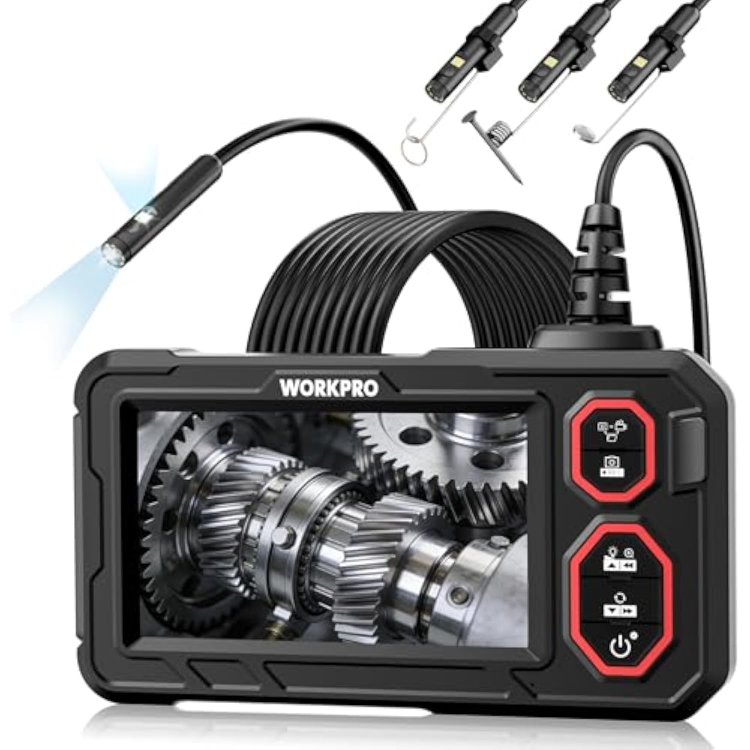 Handheld endoscope camera with coiled semi-rigid cable and dual illuminated probe tips