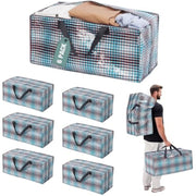 Set of plaid moving bags with handles and zipper closures, stacked with one in use
